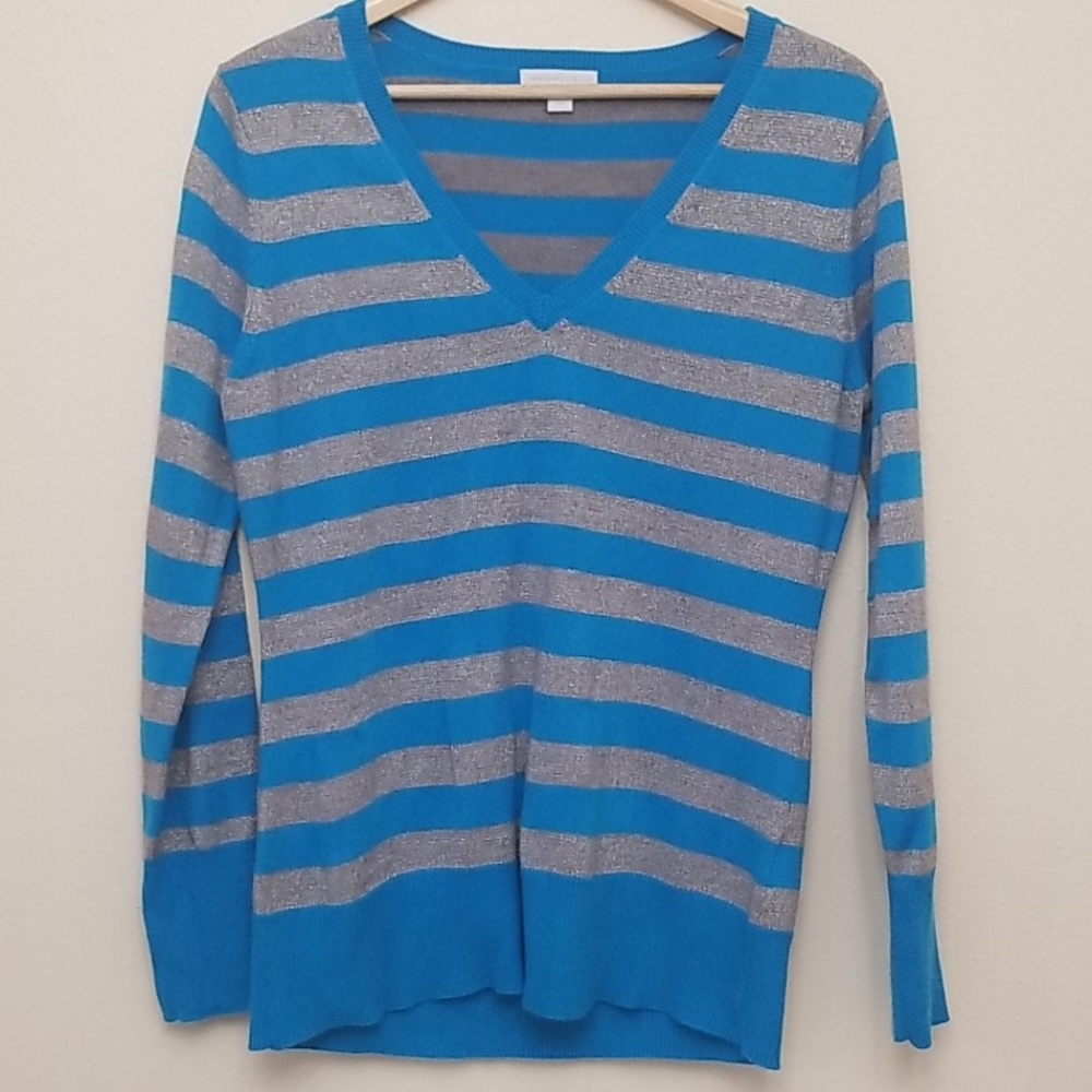 New York & Co Striped V Neck Sweater Large